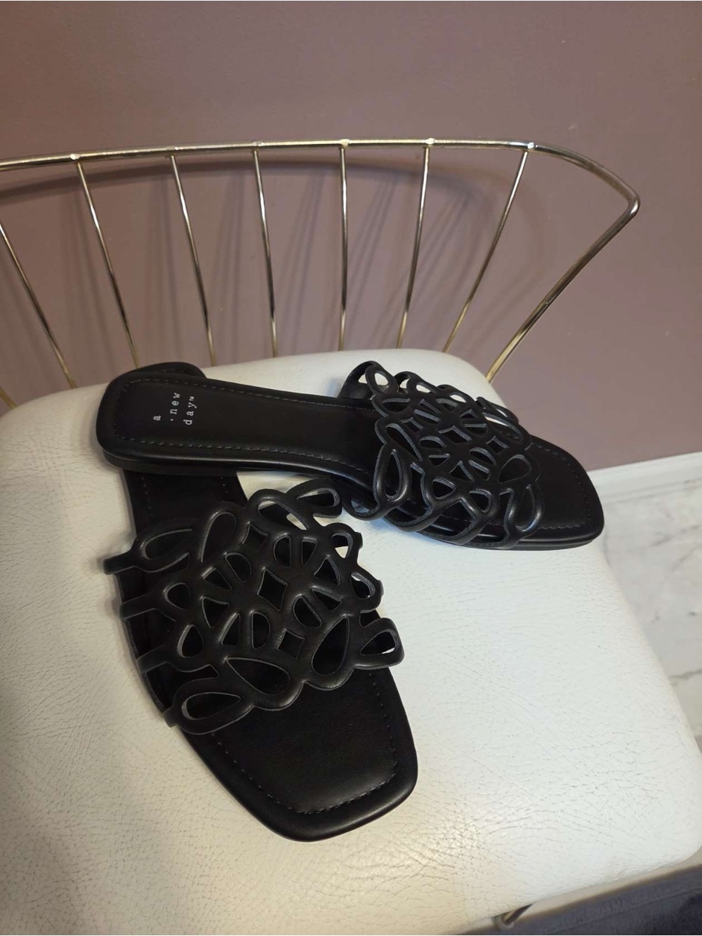 a new day Black Slide Sandals with Decorative Cutout Upper